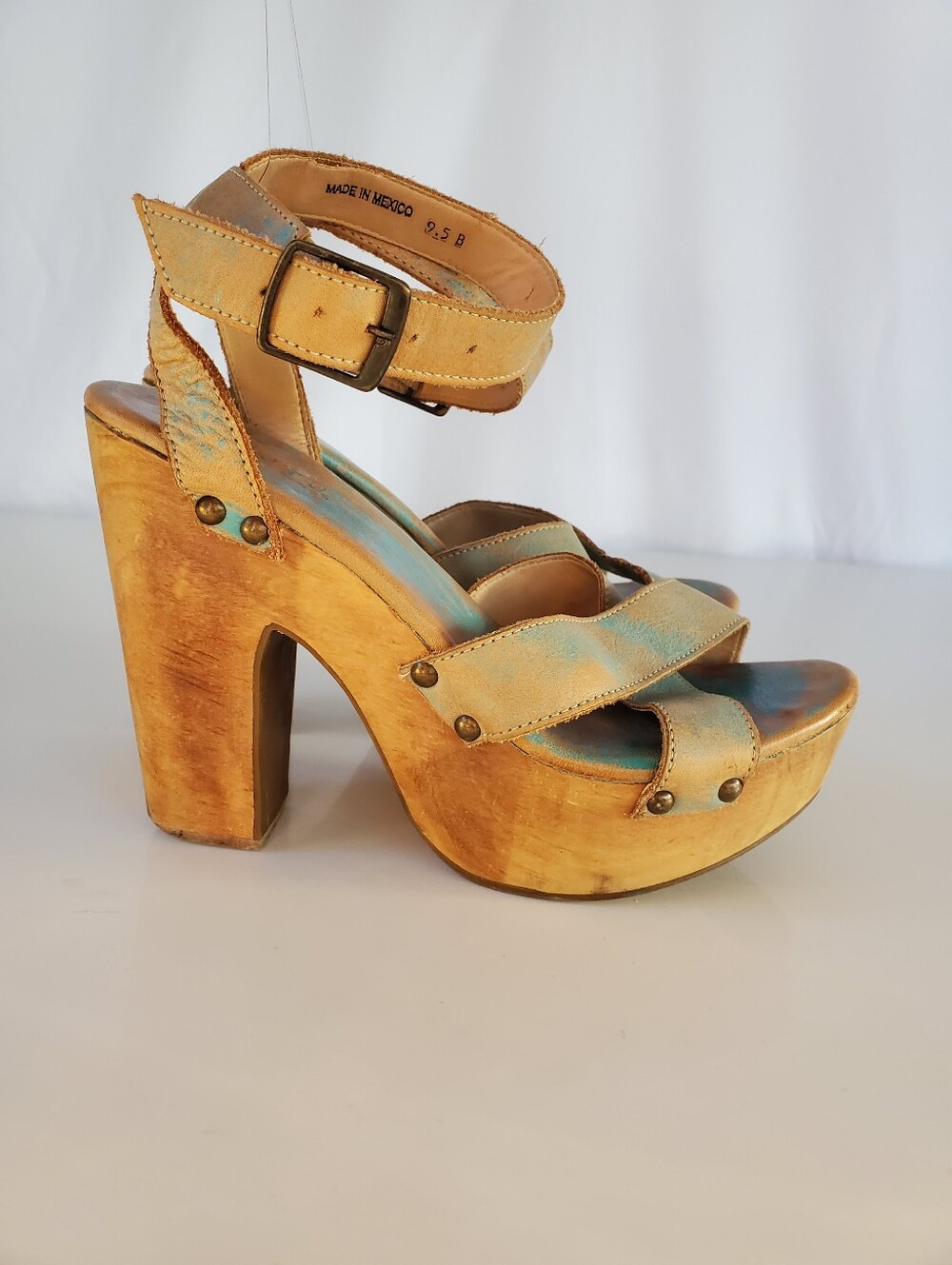 Bed Stu Madeline Wooden Platform Heels in Distressed Teal Lux in a Size 9.5 B